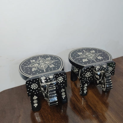 Hand-Painted Wooden Elephant Stool – Black & White Floral Design (Set of 2)