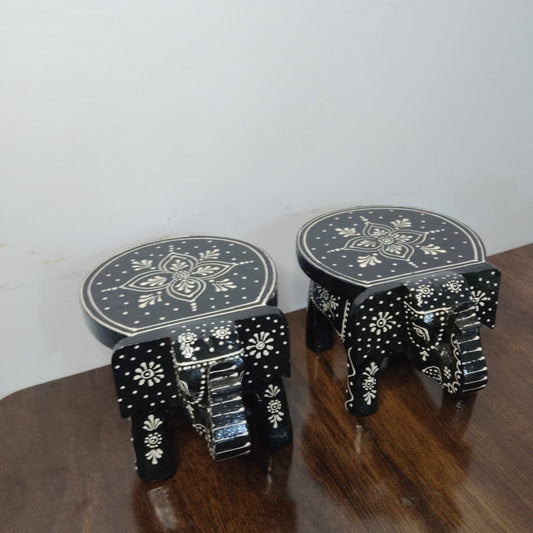 Hand-Painted Wooden Elephant Stool – Black & White Floral Design (Set of 2)