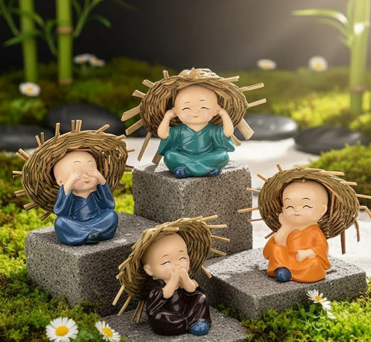 Set of 4 Cute Little Monk Figurines with Straw Hats | Resin Decorative Statues for Home, Office, Garden & Meditation Space | Peaceful Buddha Monk Showpiece (Multicolor)"