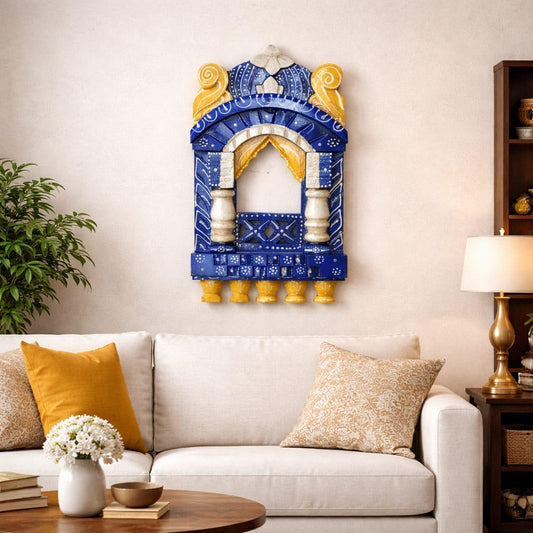 Handcrafted Wooden Jharokha Wall Hanging – Blue & Yellow
