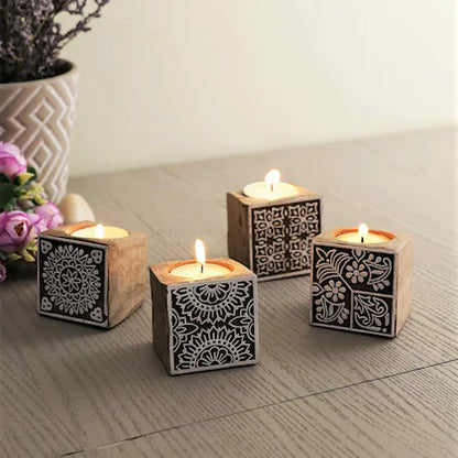 Set of 4 Wooden Hand-Carved Block Print Tealight Candle Holders
