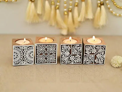 Set of 4 Wooden Hand-Carved Block Print Tealight Candle Holders